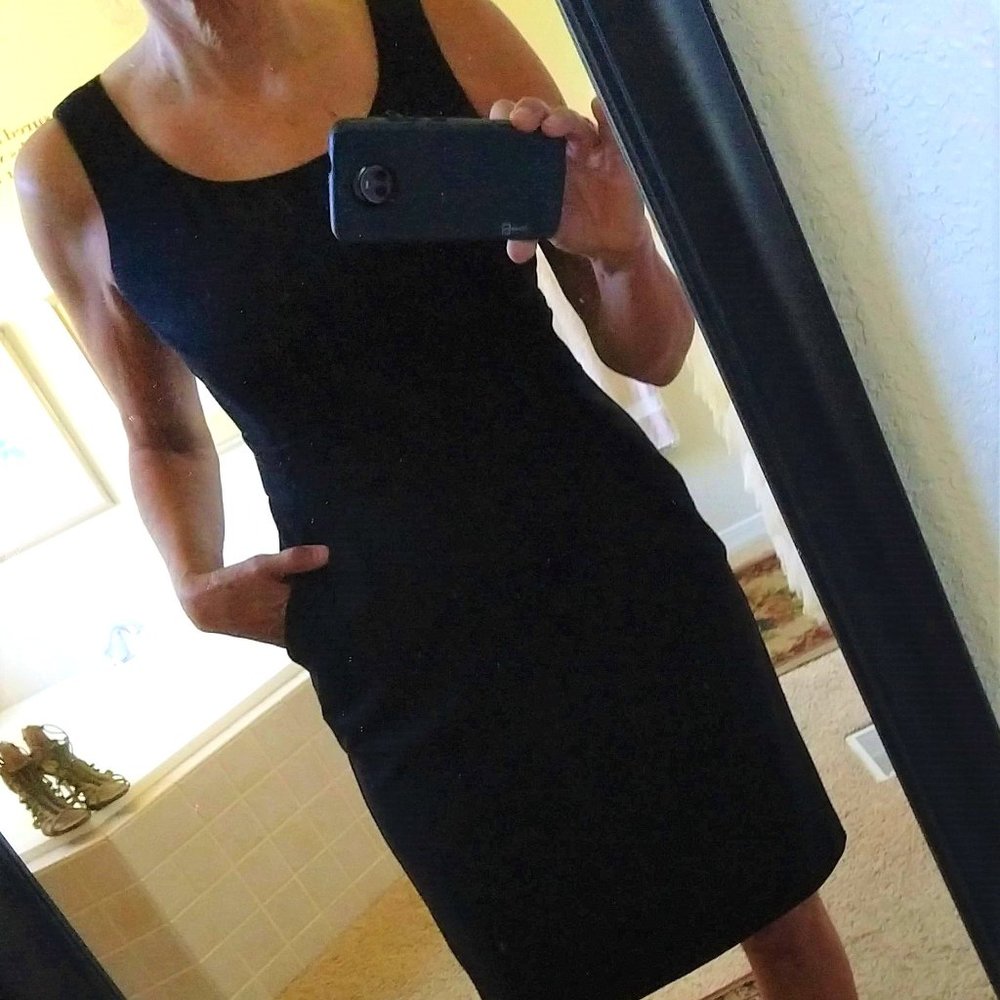Alfani black knee length sheath dress with pockets, size 8